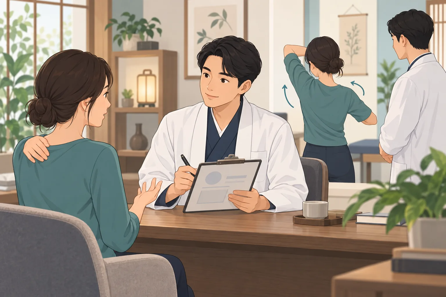 날개뼈 안쪽 통증 건강정보 일러스트 한의학적 진료 계획