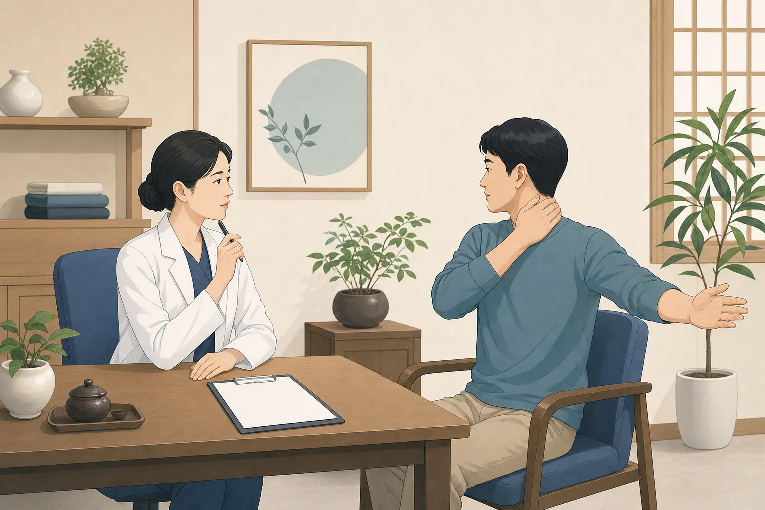 강서구 목 통증 건강정보 일러스트 한의학적 진료 계획
