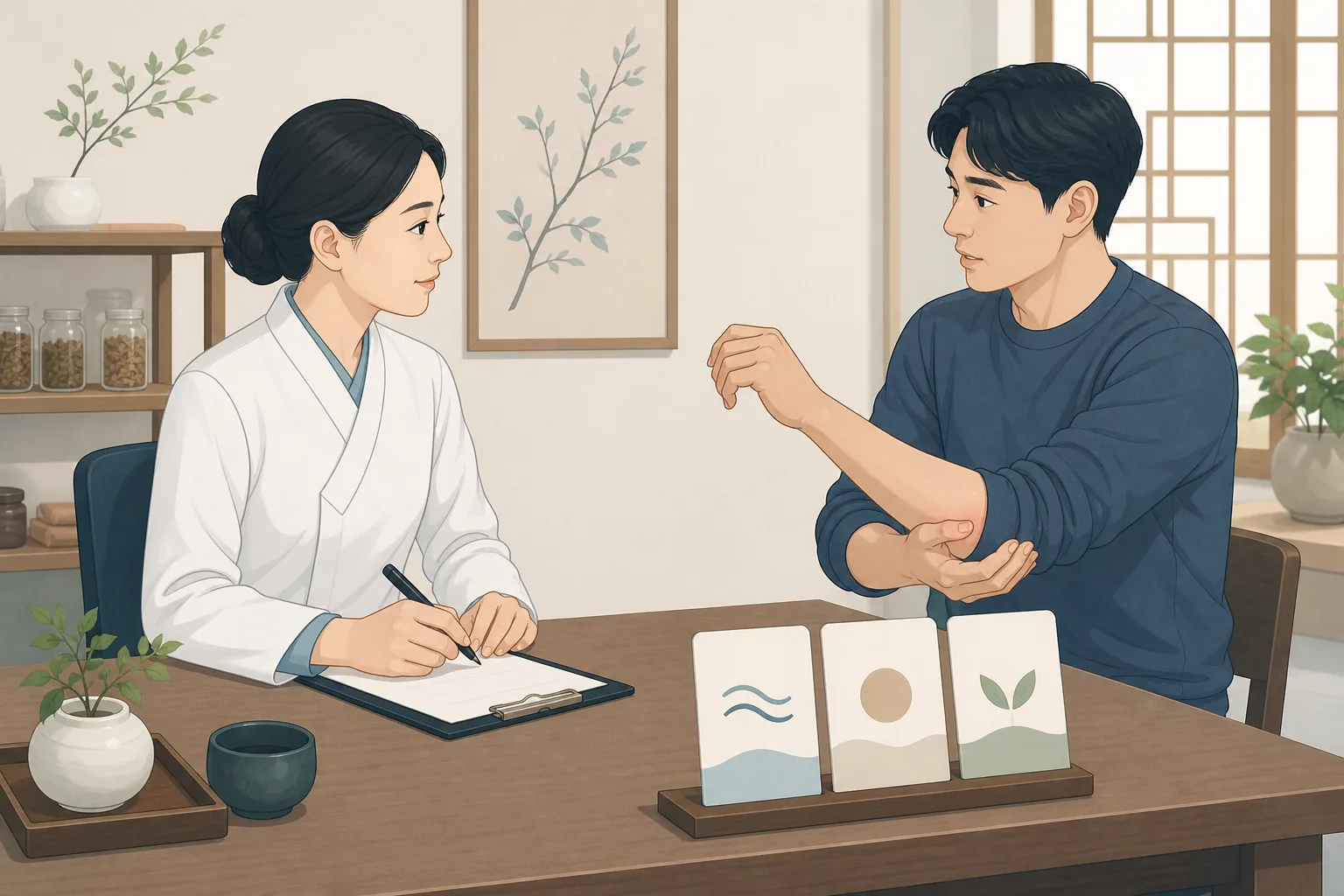 팔꿈치 통증 건강정보 일러스트 한의학적 진료 계획