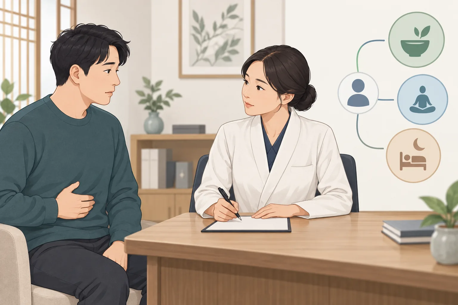 식후 윗배 통증 건강정보 일러스트 한의학적 진료 계획